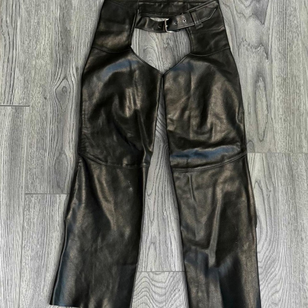 Vintage Sears The Leather Shop Black Leather Motorcycle Riding Chaps Small USA